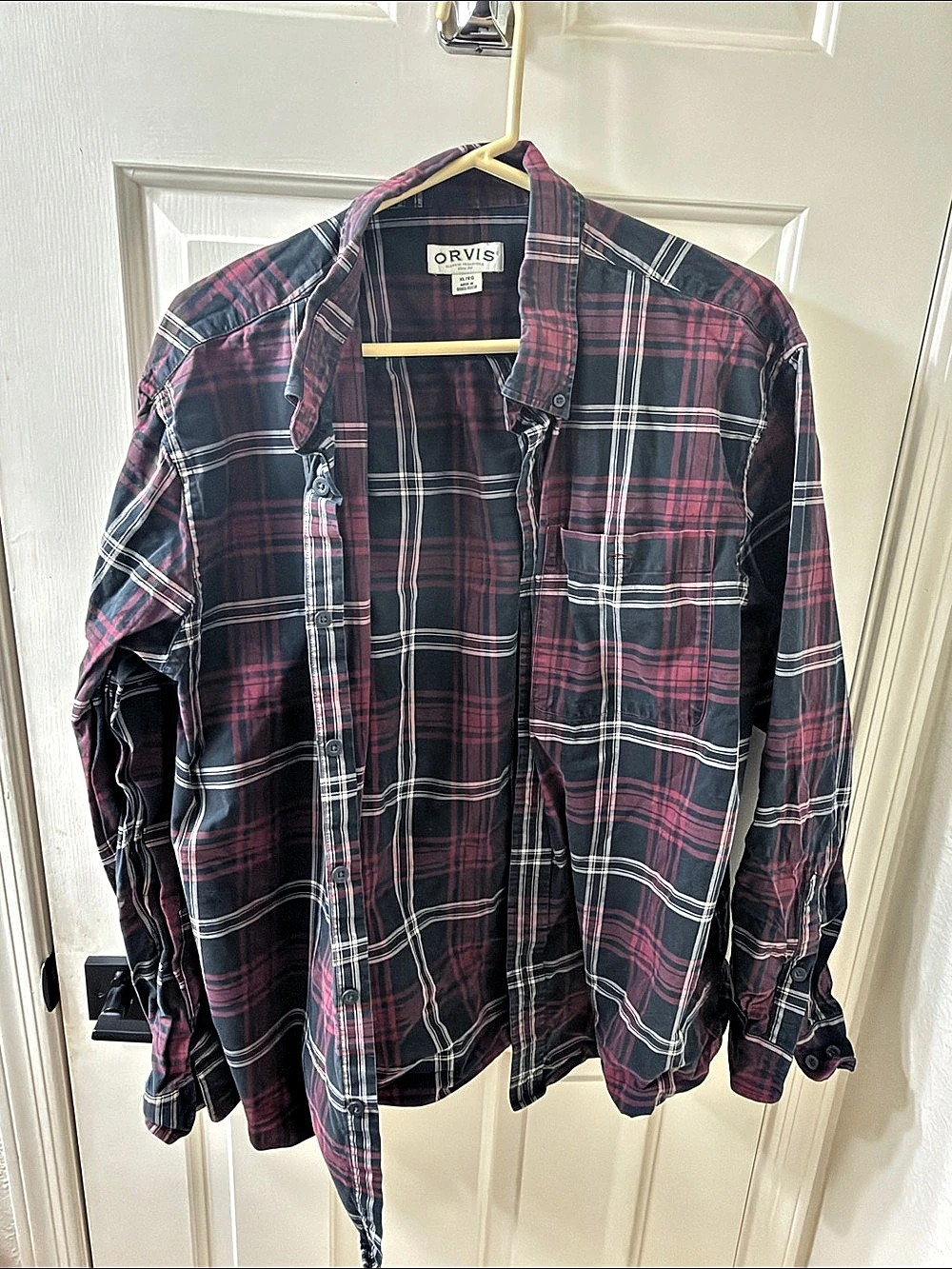 ORVIS Plaid Button Down in Burgundy & Black XL